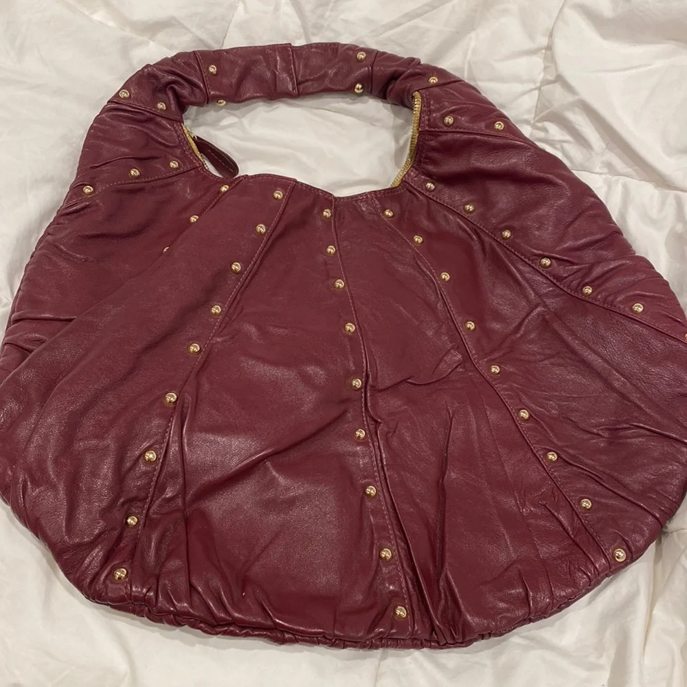 GOLDENBLEU burgundy leather purse 👛 semi circular bag with gold tone stud over